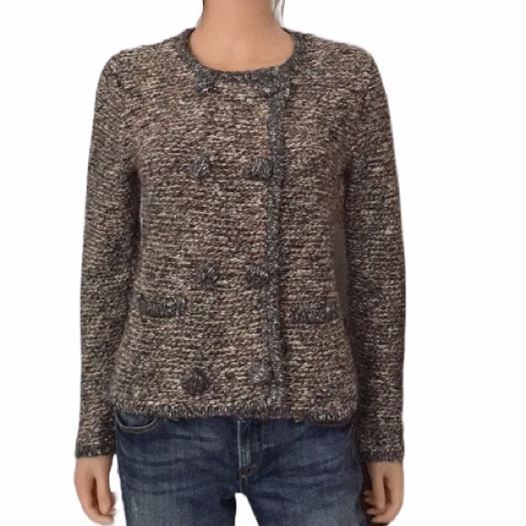 CAbi Ritz 3016 grey tan marled boucle knit double breasted sweater jacket - Picture 1 of 11